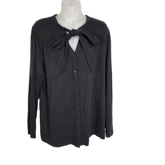 Denim & Co. Womens Top Large Long Sleeve Tie Front Button Solid Black A227193 - Picture 1 of 8